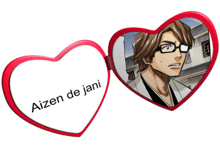 a heart shaped mirror with a picture of a man and the words aizen de jani