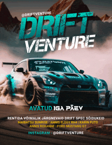 a poster for drift venture shows a car driving down a road