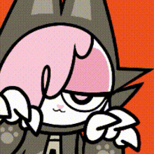a cartoon character with pink hair is wearing a hood