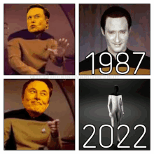 a collage of four pictures of elon musk with the year 1987 in the middle