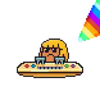 a pixel art drawing of a woman playing a keyboard