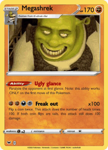 a stage 2 megashrek pokemon card with shrek on it