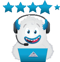 a cartoon character wearing a headset and a laptop that says sticker mountain on it