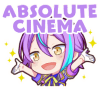 a sticker of a girl with purple hair and the words absolute cinema above her