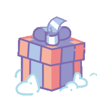 a purple and orange gift box with a white bow