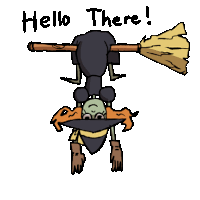 a cartoon of a witch hanging upside down with a broom and the words hello there written below her