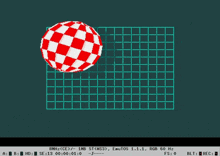 a computer screen shows a red and white checkered ball in front of a blue grid