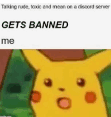 a cartoon pikachu is talking rude , toxic and mean on a discord server gets banned me .