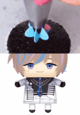 a stuffed doll with purple hair and blue eyes is being decorated with pink and blue frosting