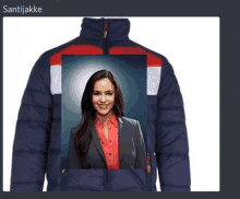 a picture of a woman in a suit is on a blue jacket