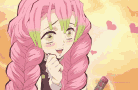 a girl with pink hair and green eyes is smiling and holding a pencil