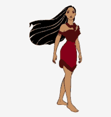 a cartoon drawing of pocahontas from disney standing with her hair blowing in the wind