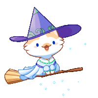 a cartoon cat wearing a witch hat and flying on a broom