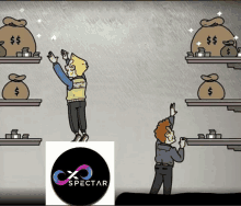 a cartoon of a man reaching for a bag of money next to a logo that says spectar