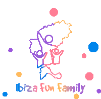 a logo for ibiza fun family with a map of ibiza in the background