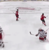 a group of hockey players are standing on a ice rink celebrating a goal .
