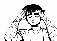 a black and white drawing of a boy holding his head with his hands