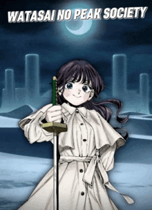 a poster for watashi no peak society shows a girl with a sword in her hand
