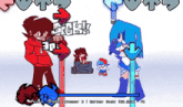 a couple of cartoon characters standing next to each other in a game .