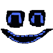 a pixel art of a smiling face with blue eyes and a blue mouth