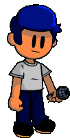 a cartoon boy with a blue hat is holding a microphone in his hand .