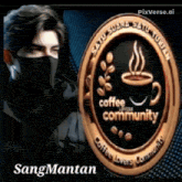 a man wearing a black mask stands next to a coffee community logo