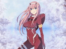 darling in the franxx zero two is a pink haired anime girl in a red suit with horns .