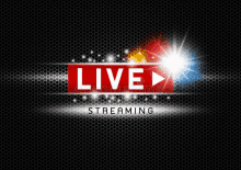 a live streaming sign with a play button on a black background