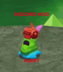 a green toy with a red head and wings is standing on a rocky surface in a video game .