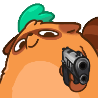 a cartoon squirrel with a green hat is pointing a gun