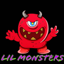 a red monster with horns and a blue eye is on a black background with lil monsters written below it