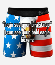 a pair of boxer shorts that say " i can see your bra strap " and " i can see your bald eagle boxer "