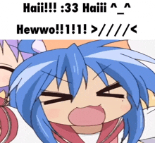 a picture of a girl with blue hair and the words haiii 3:33 haiii hewwo !!! > / <