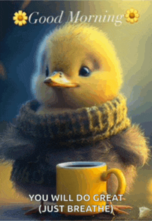 a yellow duck with a scarf around its neck is holding a yellow cup of coffee