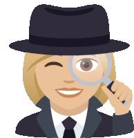 a woman wearing a hat and a suit is looking through a magnifying glass