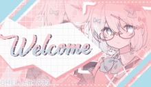 a welcome sign with a girl with glasses and bows