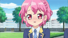 a cartoon girl with pink hair and red eyes is wearing a blue jacket and tie .