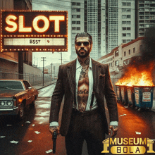 a man in a suit holding a gun in front of a slot sign