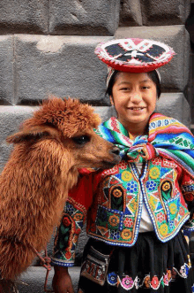 a girl in a colorful dress is holding a brown alpaca