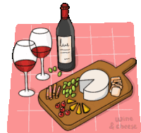 a bottle of wine sits on a cutting board surrounded by cheese and wine glasses