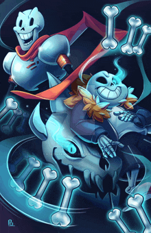 a drawing of papyrus and sans from undertale with bones around them