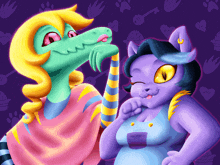 a colorful cartoon drawing of a cat and a lizard