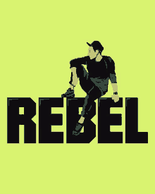 a man is sitting on the word rebel on a yellow background