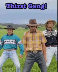 a group of men in cowboy hats are standing in a field with the words thirst gang written above them