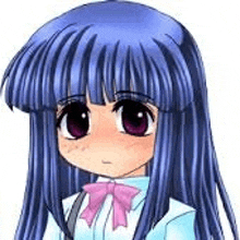 a girl with long blue hair and a pink bow tie is looking at the camera .