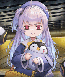 a girl with purple hair is holding a stuffed penguin with a heart on its face