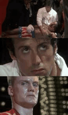 a collage of three pictures of a man 's face in a boxing match .