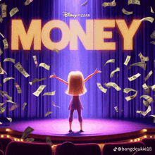 a poster for disney pixar 's money shows a girl on a stage