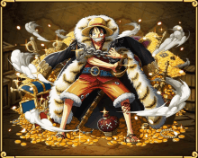 monkey d luffy is surrounded by gold coins and treasure chests