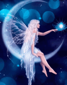 a fairy is sitting on a crescent moon and reaching for a star